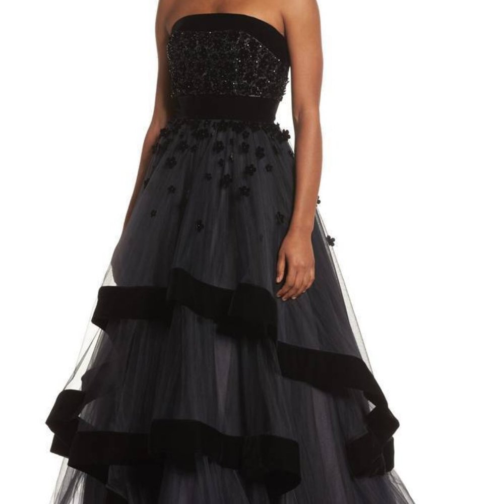 MAC DUGGAL 6634D FLORAL VELVET TRIM STRAPLESS BALL-GOWN DRESS sz 10